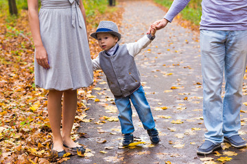 Young family for a walk in the autumn park with baby