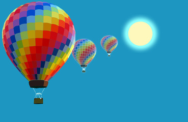 Naklejka premium Hot air balloons going up to the sun, rise and improvement concept Illustration - colorful hot air balloons against sky background 