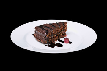 Photo a piece of a chocolate pie on a white plate