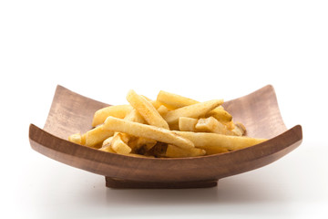 french fries on wood plate