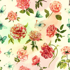 Tender watercolor roses and butterflies seamless background pattern