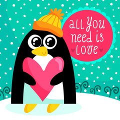 St. Valentine's Day card with cute penguin