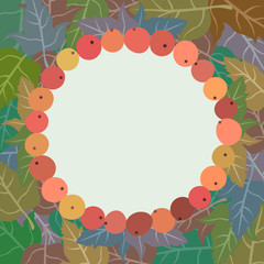 Beautiful round frame with a background of leaves and berries of viburnum/rowany for text