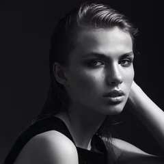 Schwarz-Weiß-Porträt eines schönen Mädchens im Studio auf schwarzem Hintergrund, das Konzept der Schönheit © Yuliya Yafimik