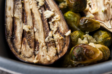 Baked eggplant and Brussels sprouts