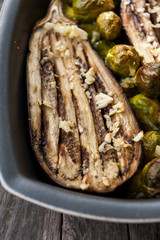 Baked eggplant and Brussels sprouts