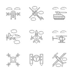 Military drones linear vector icons set