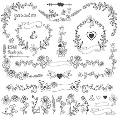 Doodles floral decor set.Borders,corner,elements.Outline