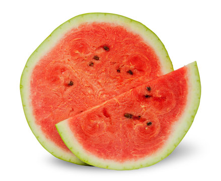 Two different slices of ripe watermelon standing next