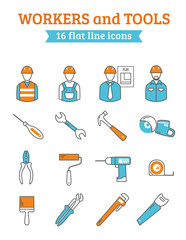 Construction workers tools line icons set 