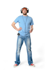 Bearded funny man in headphones on white background