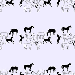 Illustration of the horse. Seamless pattern. Mustangs on a blue