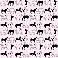 Illustration of the horse. Seamless pattern. Mustangs on a pink