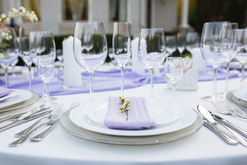 Fototapeta na wymiar Table setting at a luxury wedding or another catered event