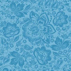 Fototapeta na wymiar Blue Ornamental Flowers Seamless Pattern