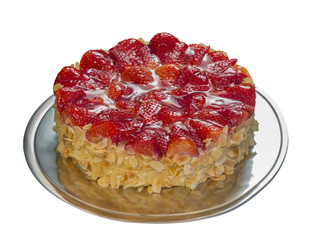 Cake with strawberries and almonds isolated on white