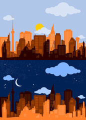 Editable Vector Illustration of City Silhouette with Orange Color in Day and Night Scene