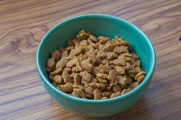 dry cat food in green cup