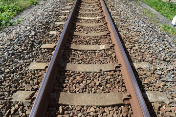 Naklejka premium 線路（単線）／山形県の庄内地方で羽越本線の線路（単線）を撮影したローカルイメージの写真です。赤川（一級河川）に架かる鉄橋付近で撮影した写真になります。