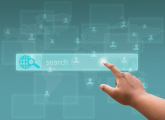 hand pushing a button on a touch screen interface with social network