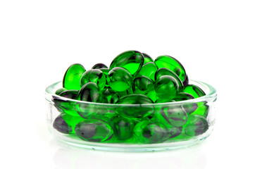 Soft gelatin capsule medicine on white background.