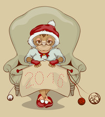 Christmas Monkey Santa is sitting in chair, knitting neckerchief 2016