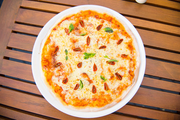 fresh baked sicilian pizza from oven
