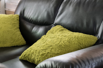 black leather sofa furniture with green pillow in livingroom