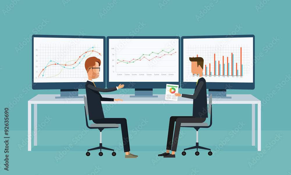 Poster business people analytics graph report on monitor dashboard