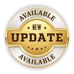 Gold update available badge on white background