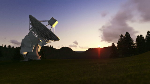 Satellite Antenna on Green Meadow, timelapse sunrise, camera panning