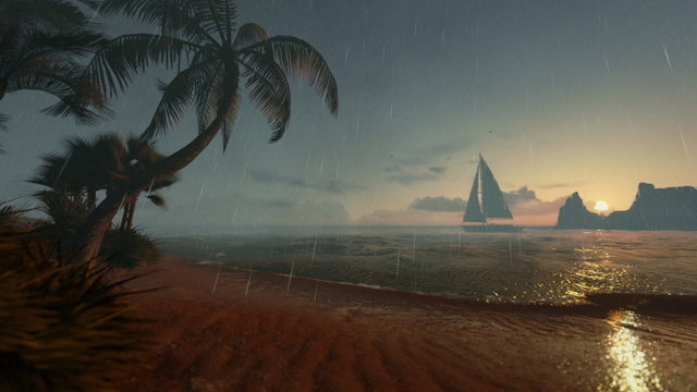 Tropical island and yacht sailing, stormy weather