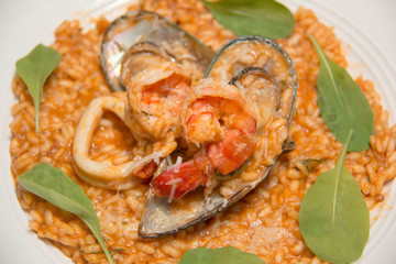  Risotto, rice with seafood, food closeup