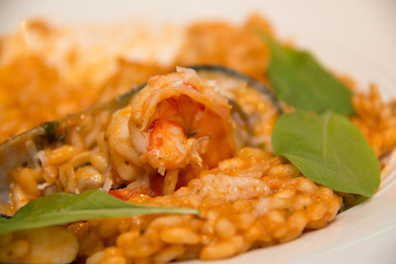  Risotto, rice with seafood, food closeup