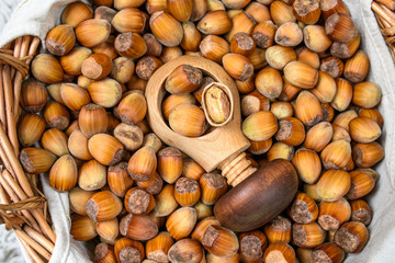  Many hazel nuts and wood cracker in wicker basket 