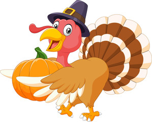 Cartoon turkey holding a pumpkin