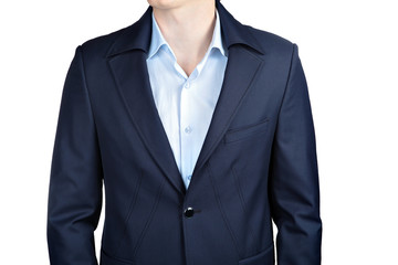 Closeup fashion dark blue blazer mens  wedding suit for groom. - obrazy, fototapety, plakaty