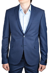 Pinstriped blue, casual or prom blazer for men, on white.
