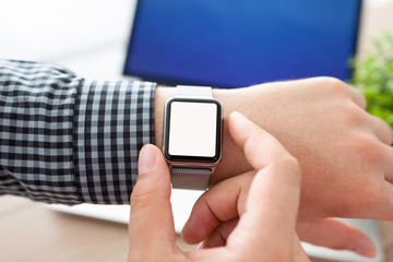 man hands Watch with isolated screen and laptop