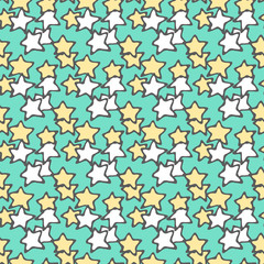 Vector seamless pattern with doodle stars. White and yellow stars on green background.