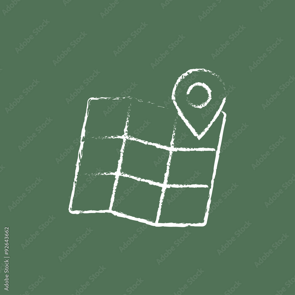 Poster map with pointer icon drawn in chalk.