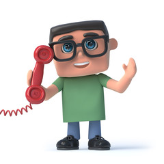 3d Boy in glasses answers the red phone