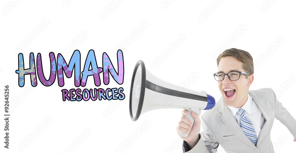Poster composite image of geeky businessman shouting through megaphone