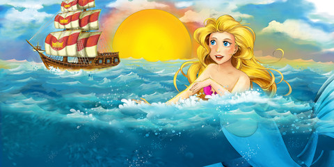 Obraz na płótnie Canvas Cartoon ocean and the mermaid - illustration for the children