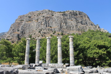 The ruins of the Temple of Athena in the ancient city of Priene in Turkey