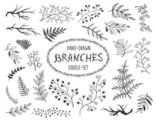 Hand drawn branches collection. Set of inc doodle branches isolated on white background. Floral decorative elements for postcard and invitation design.