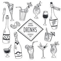 Drinks doodle set. Hand drawn cocktails icons isolated on white background. Doodle beverages collection. Bottles, glass, cocktails. Water, wine and juice. © ollymolly