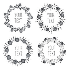 Vintage floral wreath with text isolated on white background. Vector badges for logo design. Floral elements for wedding invitations and postcards.
