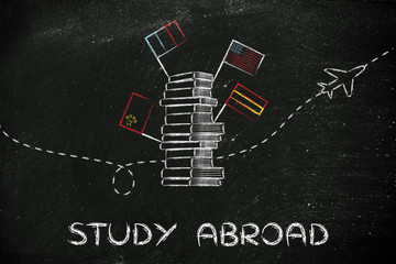 study abroad: books, flags and airplane