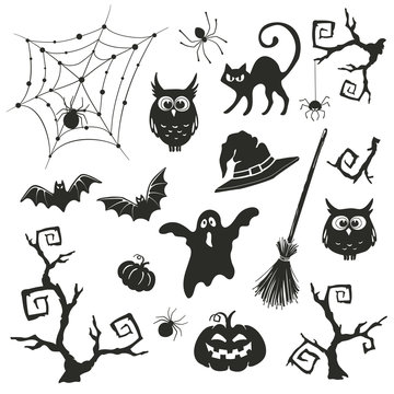 Halloween objects set isolated on white background. Collection of branches and elements for Halloween party invitation design.